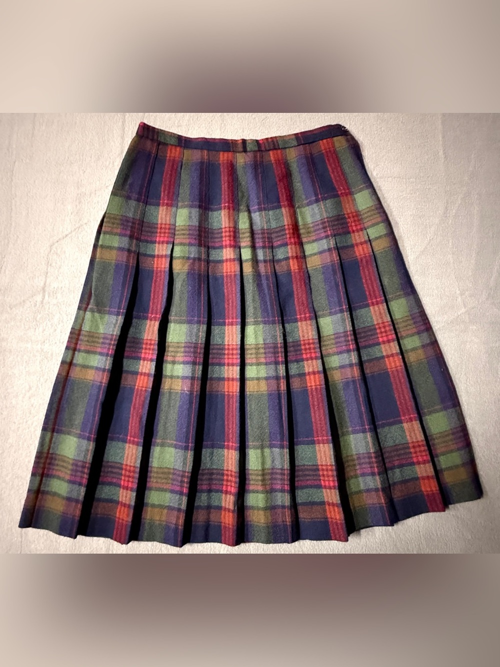 Madison 100% Wool Plaid Pleated Skater Skirt - Navy, Green & Red